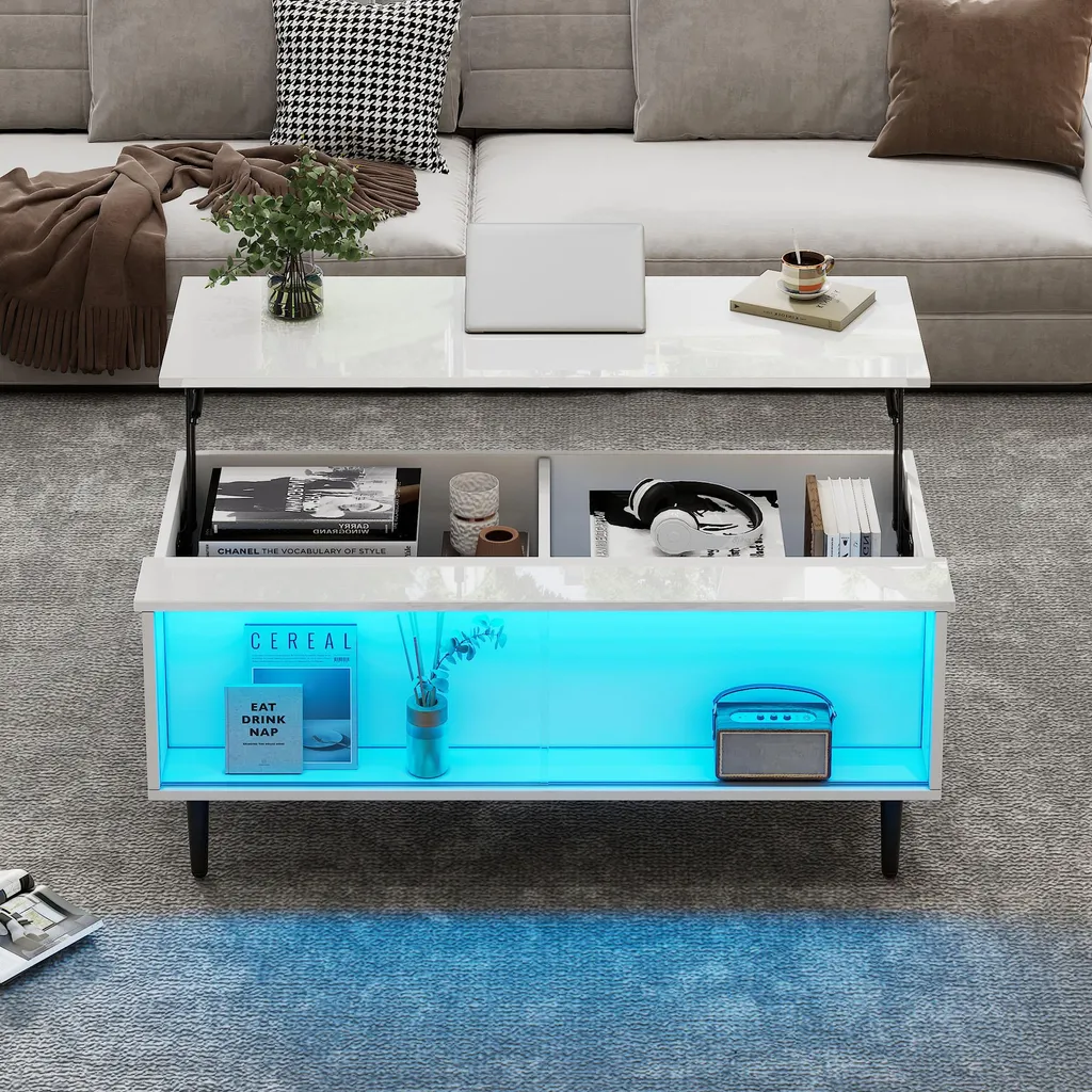 Table de Salon Relevable Design Blanc Laqué avec Rangement et LED Merax