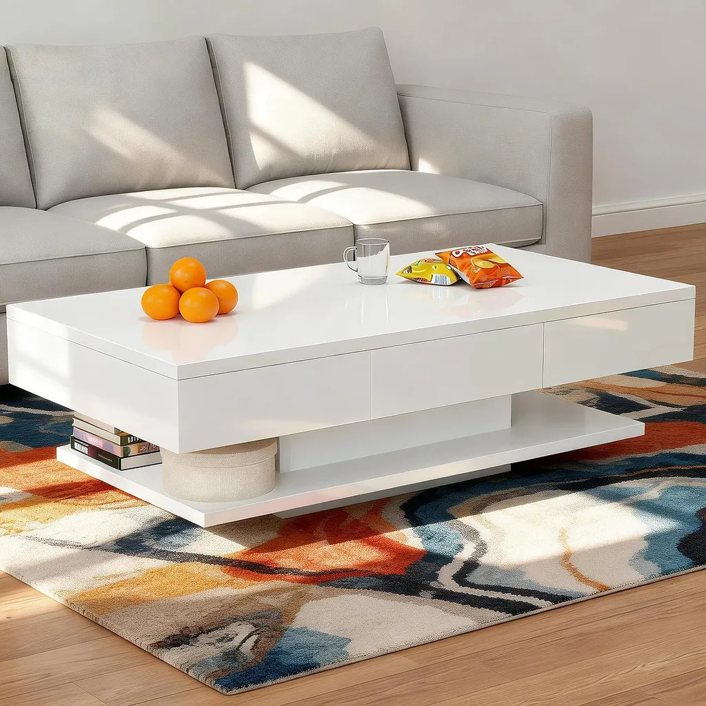 Table basse avec 2 tiroirs de rangement et niche ouverte - Blanc moderne