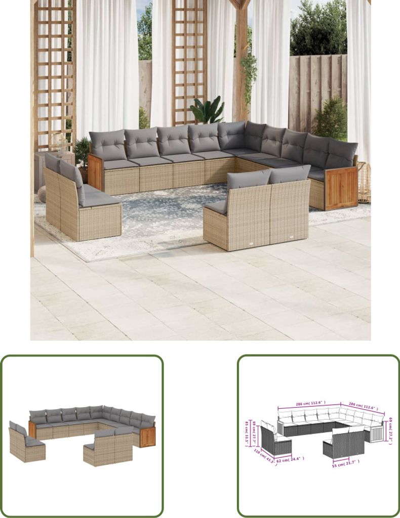 The Living Store 13-tlg. Garten-Sofagarnitur mit Kissen Beige Poly Rattan
