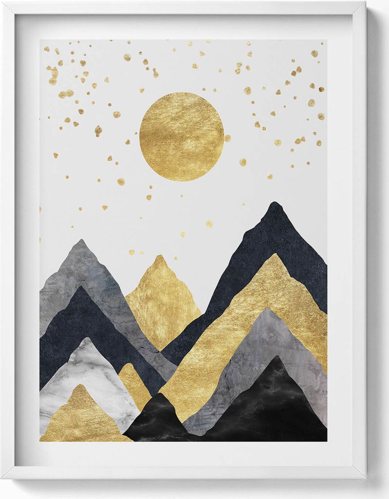 Abstrakte Landschaft mit goldenen Bergen und Sonnenschein– Wandbild mit Rahmen – Gerahmtes Bild – Wanddekoration – 60x80 cm – Weiß Rahmen