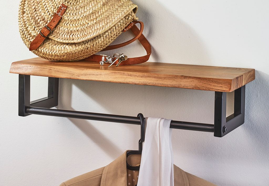 Kobolo Garderobe Wandregal Wandgarderobe aus Metall und Holz - Hängestange Kleiderablage Regalhalter Kleiderständer Flur Eingang Einrichtung Zuhause