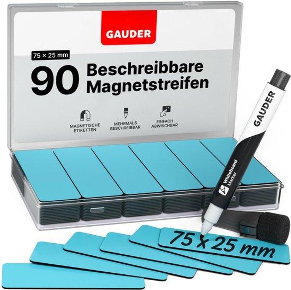 Magnetische Etiketten für Whiteboards, Schule und Küche - herstellbare Magnetkarten mit Marker (90 Stück, 75 x 25 mm)