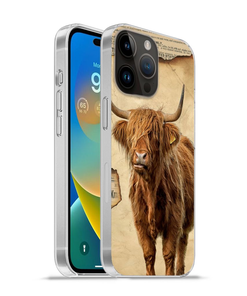 MuchoWow Handyhülle Schutzhülle Hülle für Apple iPhone 14 Pro Max Schottischer Highlander - Retro - Zeitungsartikel Silikon Softcase Handy H...