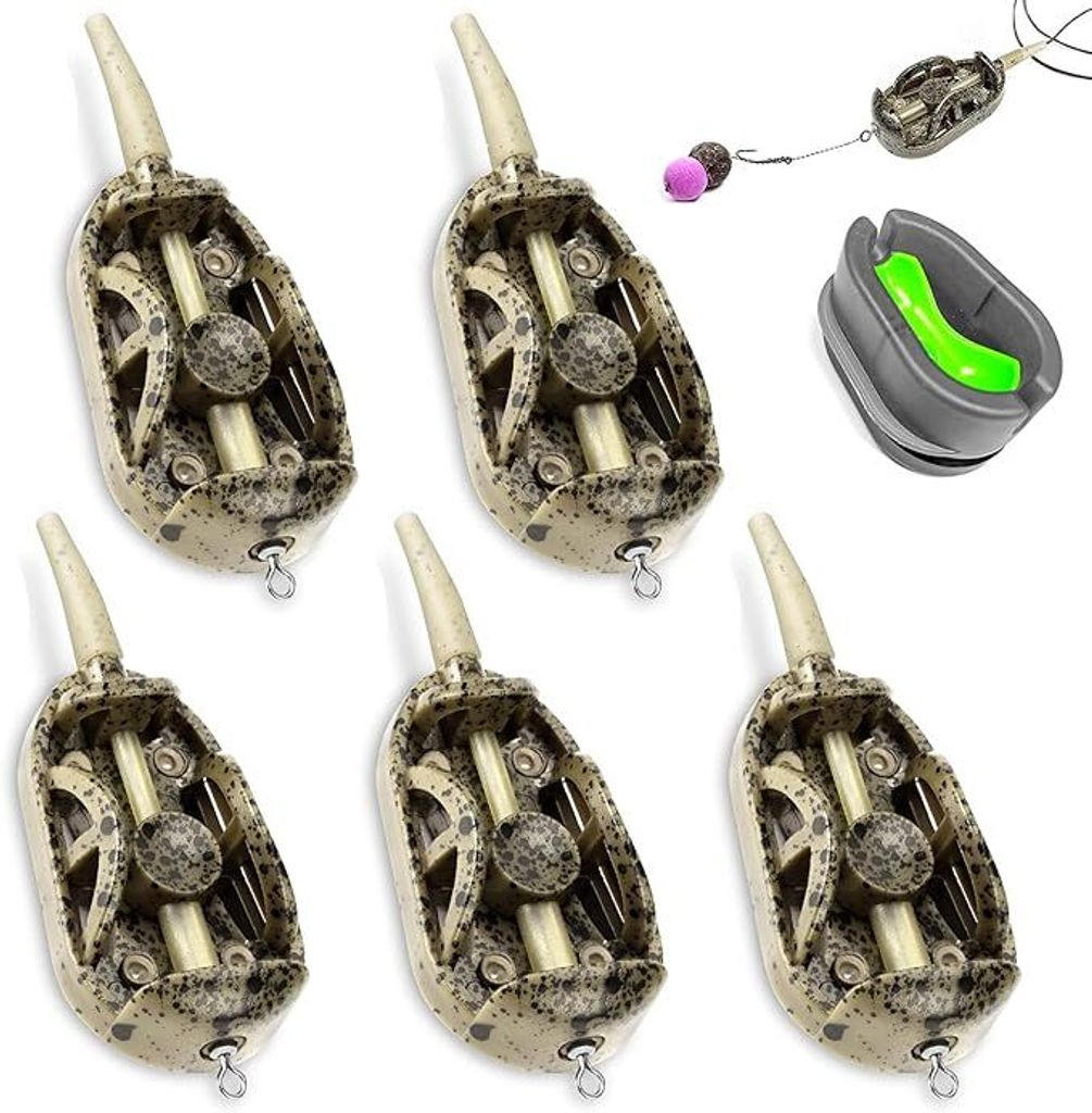 5-teiliges Feeder Set für Karpfenangeln | Inline Feeder mit Futterbox | Flachmethoden Futterkörbe (20 g, 30 g, 40 g, 50 g, 60 g) für Bodenangeln