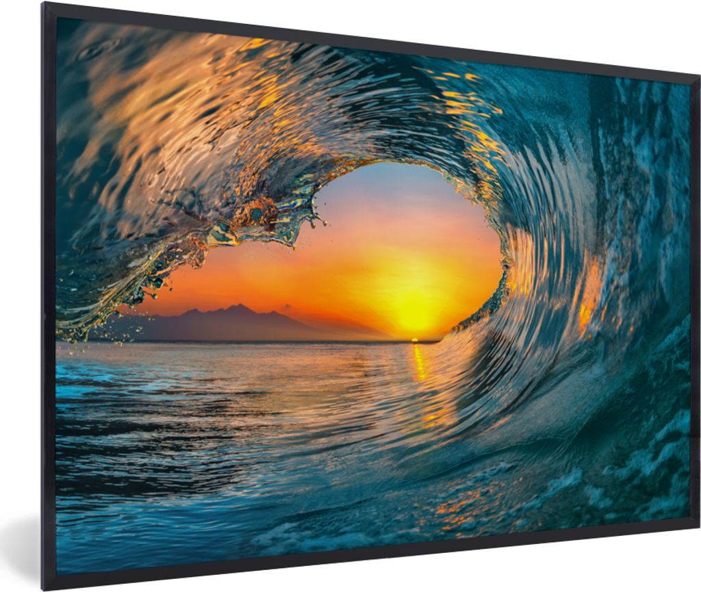 MuchoWow Gerahmtes Poster Sonnenuntergang - Wasser - Welle - Orange 30x20 cm - Poster mit Schwarzem Bilderrahmen Wandposter Rahmen Foto Bilder - ...