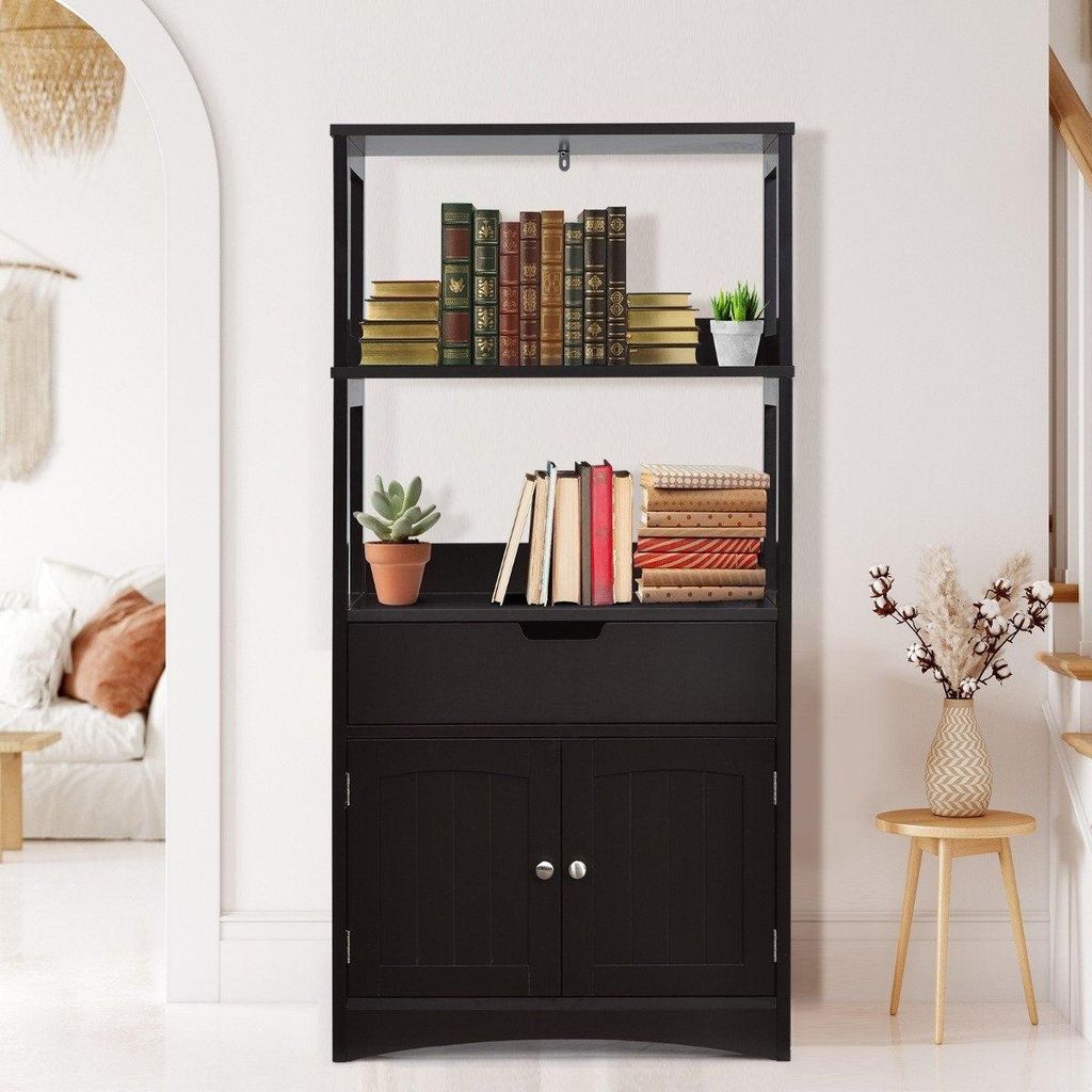 Freistehender Badezimmerschrank mit 2 Türen & 3 offenen Regalen & Schublade Hochschrank Schwarz