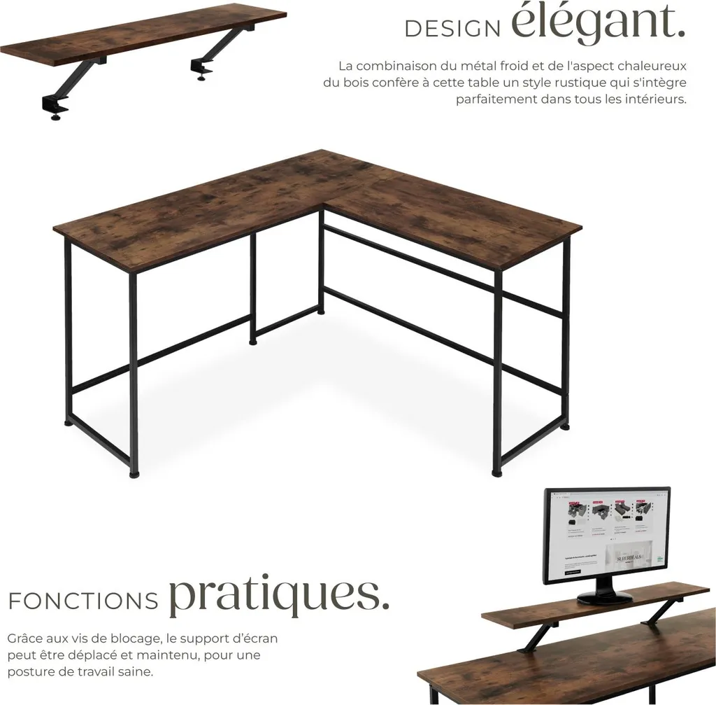 Bureau informatique d'angle MELROSE en bois rustique et métal noir - 3