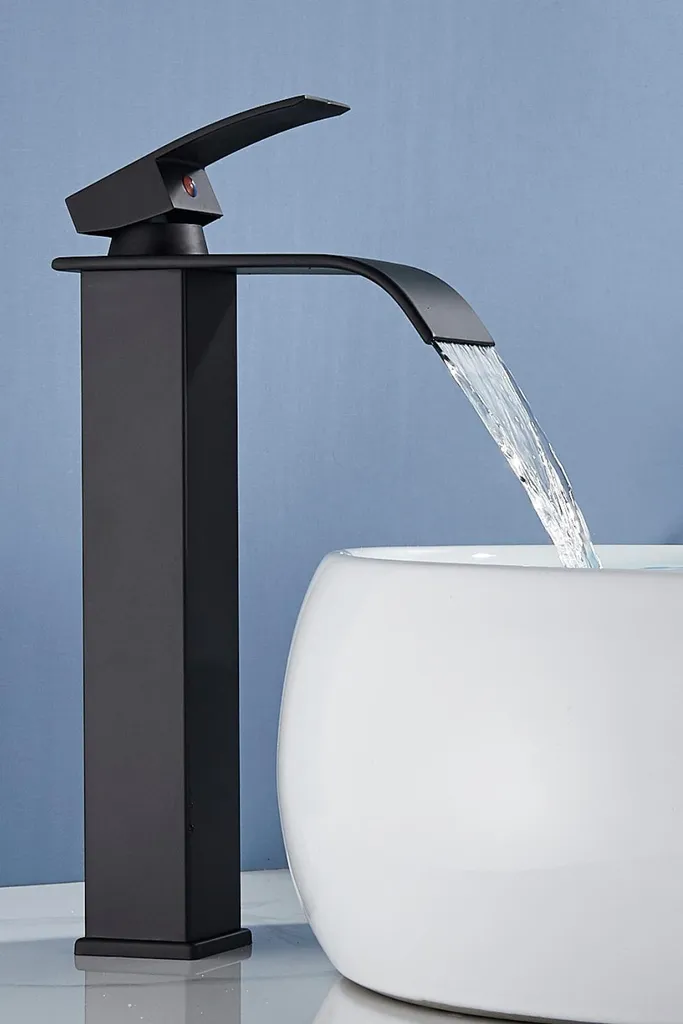 Rubinetto Bagno Nero Opaco A Cascata - Design Moderno A Cigno, Monoforo In Ottone Massiccio