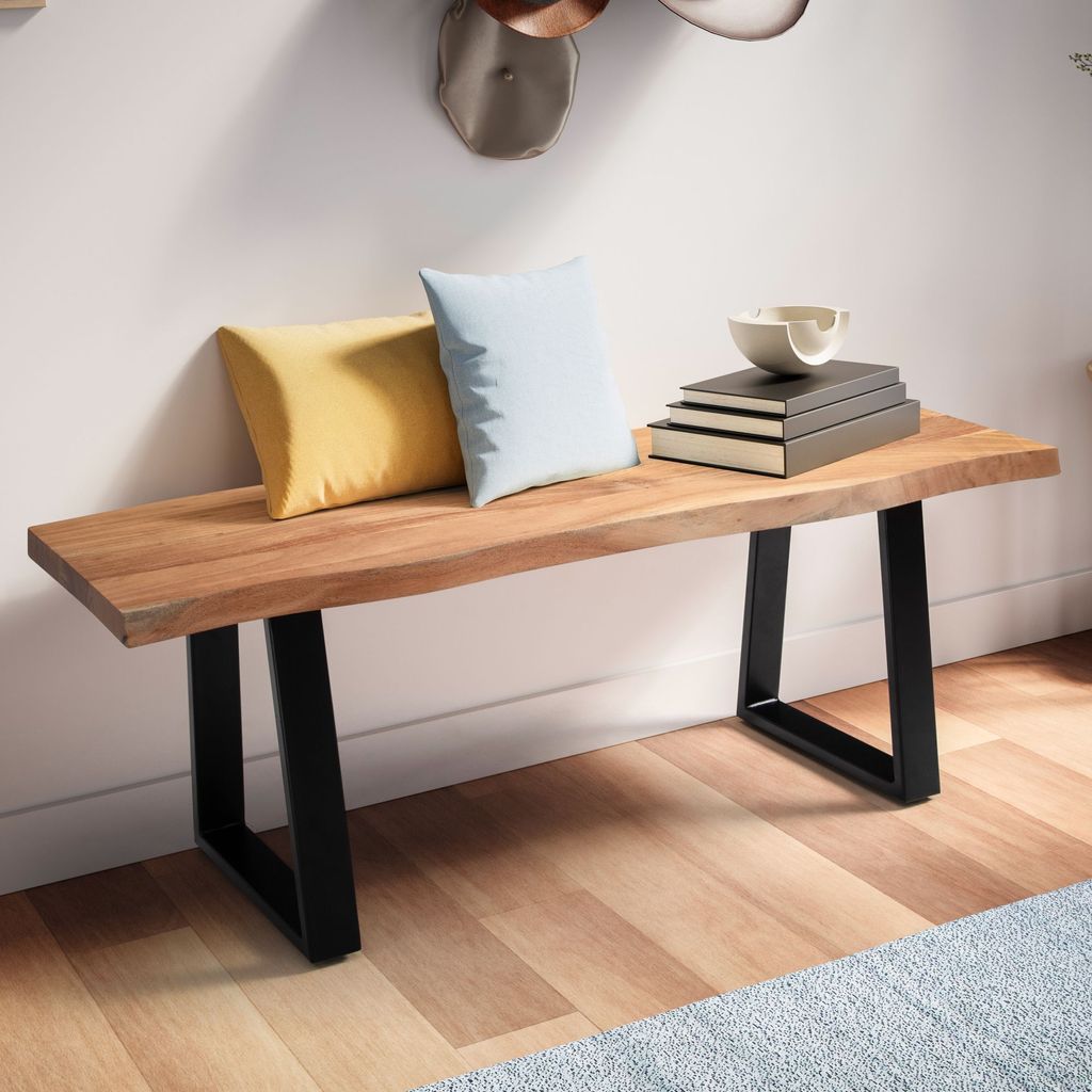 FineBuy Sitzbank 120 cm Massivholz ohne Lehne Baumkante Akazie - Bank für Garderobe - Garderobenbank - Flurbank Holzbank Handmade Gestell Schwarz