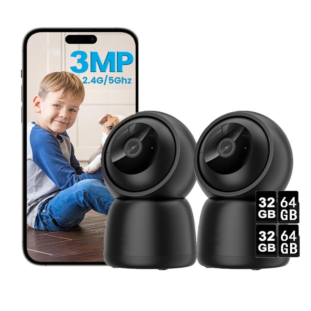 Überwachungskamera Innen, 2K Kamera Überwachung Innen, 360° WLAN Kamera Indoor, Zwei-Wege-Audio, 15M Nachtsicht, 32&64GB Speicher Karte 2 Pack