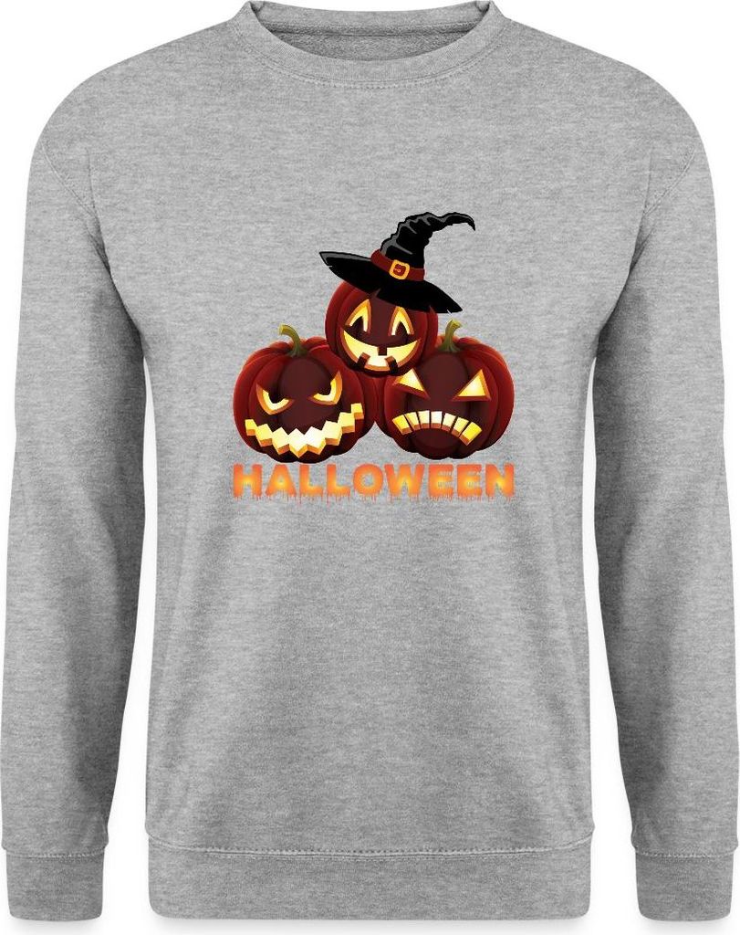 Spreadshirt Halloween Kürbisse Mit Hexenhut Gruselig Lustig Uni Pullover, XXL, Weißgrau meliert