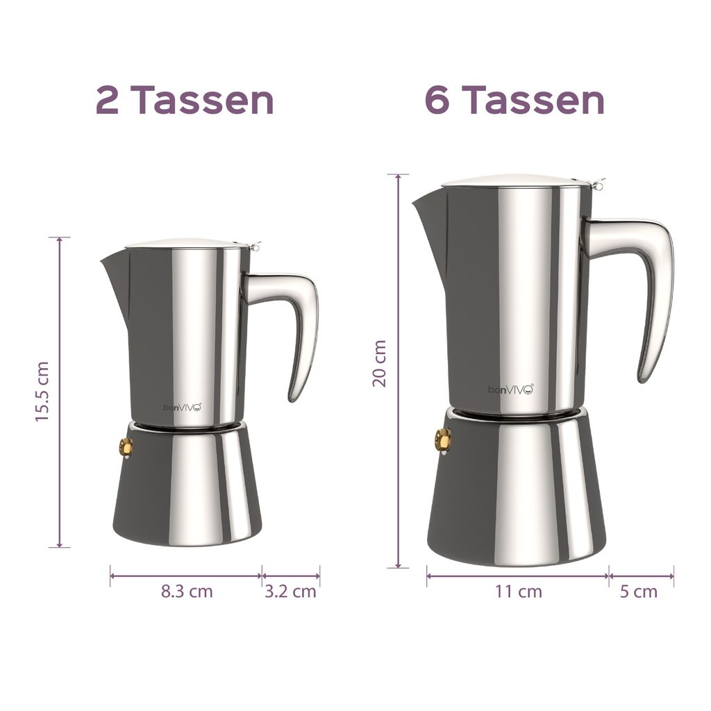 bonVIVO Espresso-Kocher, Maker, Kaffee-Maschine Edelstahl für 2 oder 6 Tassen, Farbe:Chrome