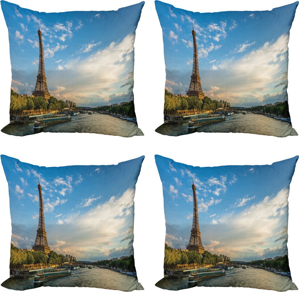 ABAKUHAUS Eiffelturm Kissenbezug Set (4 Stück), Sun Eiffelturm, Moderner Doppelseitiger Digitaldruck, 50 cm x 50 cm, Gelb Grün Blau