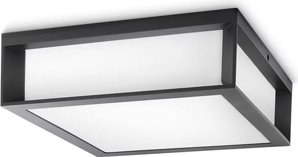 A modern, rectangular outdoor ceiling light with a dark frame and a frosted white diffuser.
