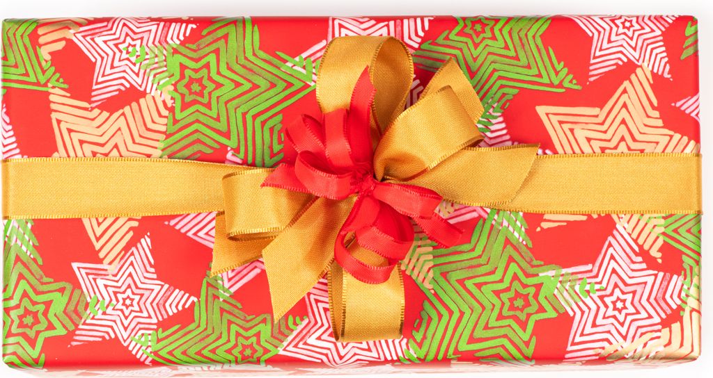 Geschenkpapier gestreifte Sterne 70cm x 2m Rolle rot / gold