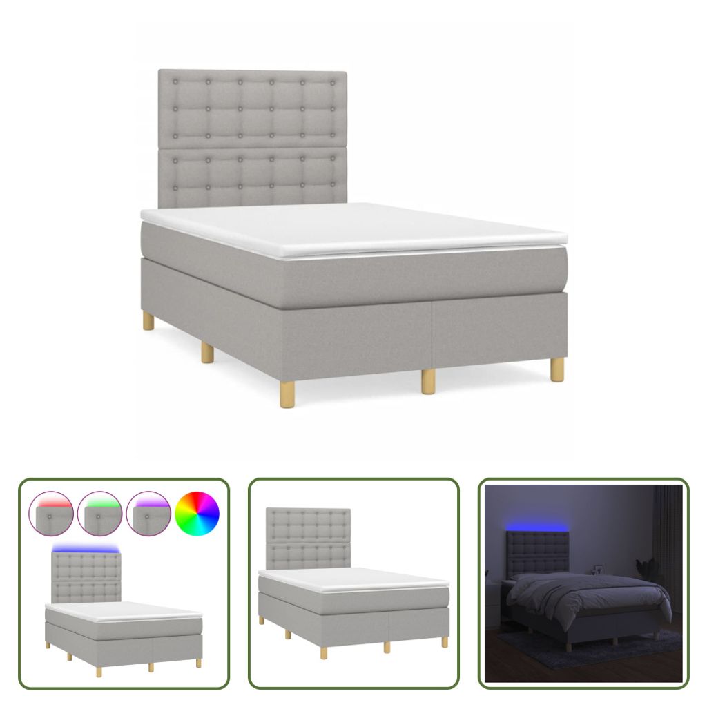 The Living Store Boxspringbett mit Matratze & LED Hellgrau 120x190 cm Stoff