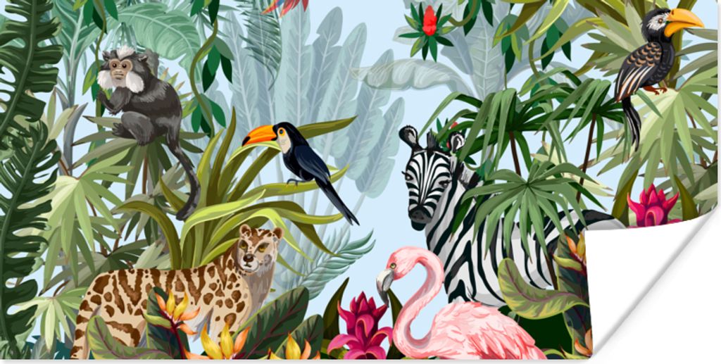MuchoWow Poster Dschungel - Natur - Jungen - Mädchen - Kinder - Zebra - Flamingo 150x75 cm - ohne Rahmen