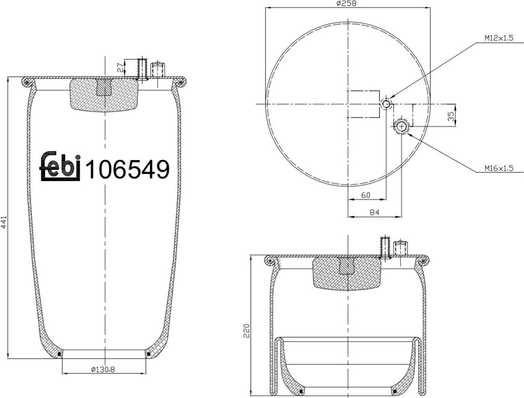 FEBI BILSTEIN Luftfederbalg Federbalg 106549 Hinten für MAN HOCL 434 220mm 258 130mm