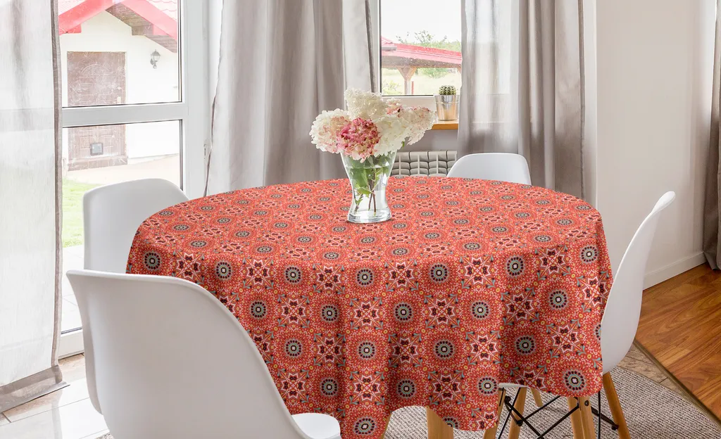 ABAKUHAUS Tovaglia rotonda Azulejo, Vibrant Portuguese Folk, tovaglia circolare per sala da pranzo, decorazione cucina, 150 cm, salmone scuro multicolore