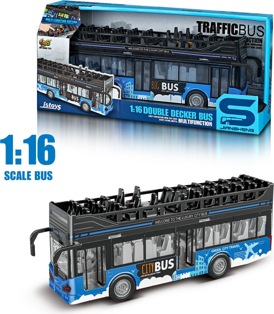 Auto Spielzeug ab 2 3 4 jahre, 1:16 LKW spielzeug, Spielzeugautos mit Sound und Licht, Doppeldecker Bus spielzeug Blau, Geschenk junge 2 3 4 5 jahre