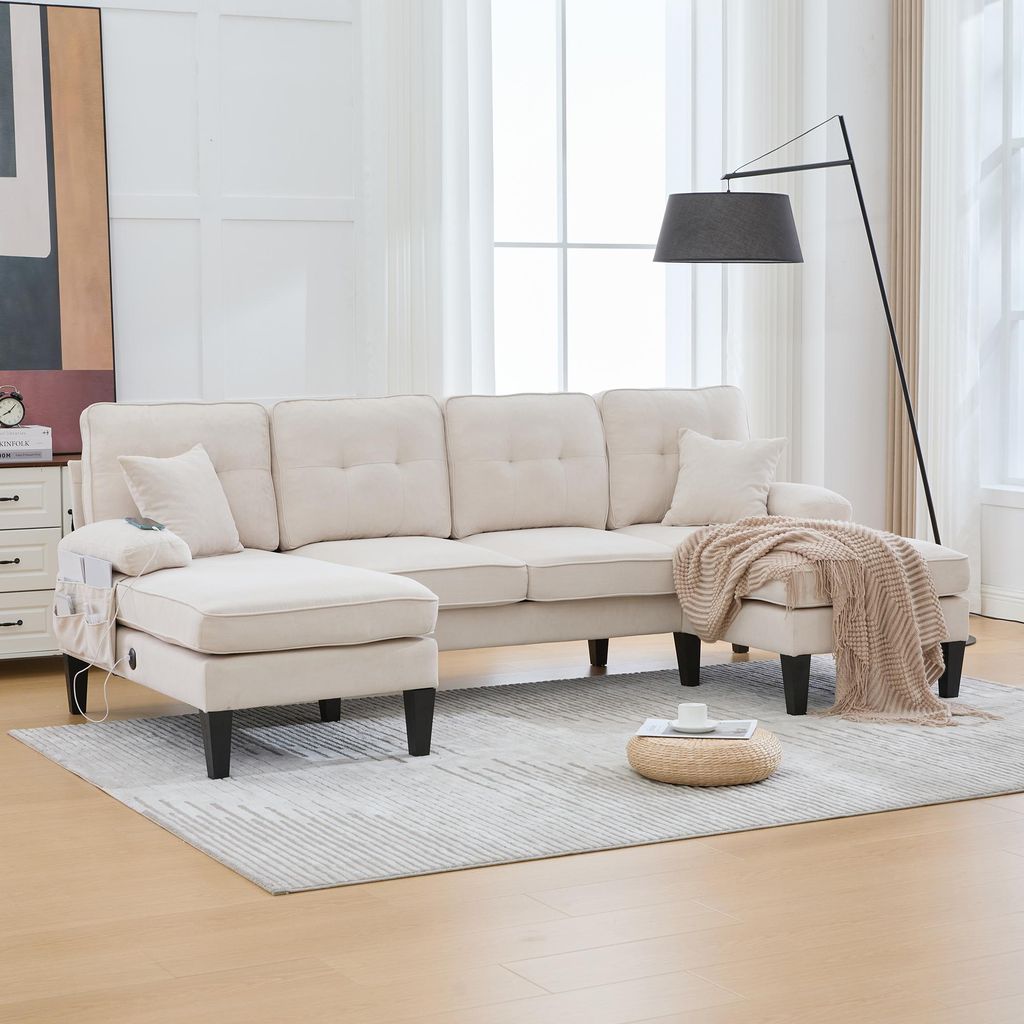 okwish U-förmiges 4-Sitzer Sofa Chaiselongue mit zwei Chaise-Lounges,Loungesofa mit Rückenlehne und stabile Sofabeine aus Leinenstoff,Beige