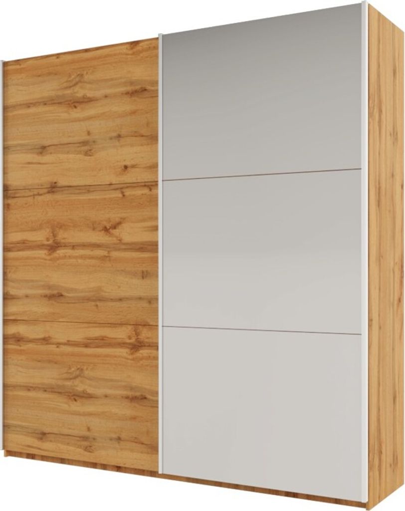 Furniture24 Kleiderschrank Rodos 200 Schrank Schwebetürenschrank mit Spiegel 2 Kleiderstange Wotan Eiche, 200 cm breit
