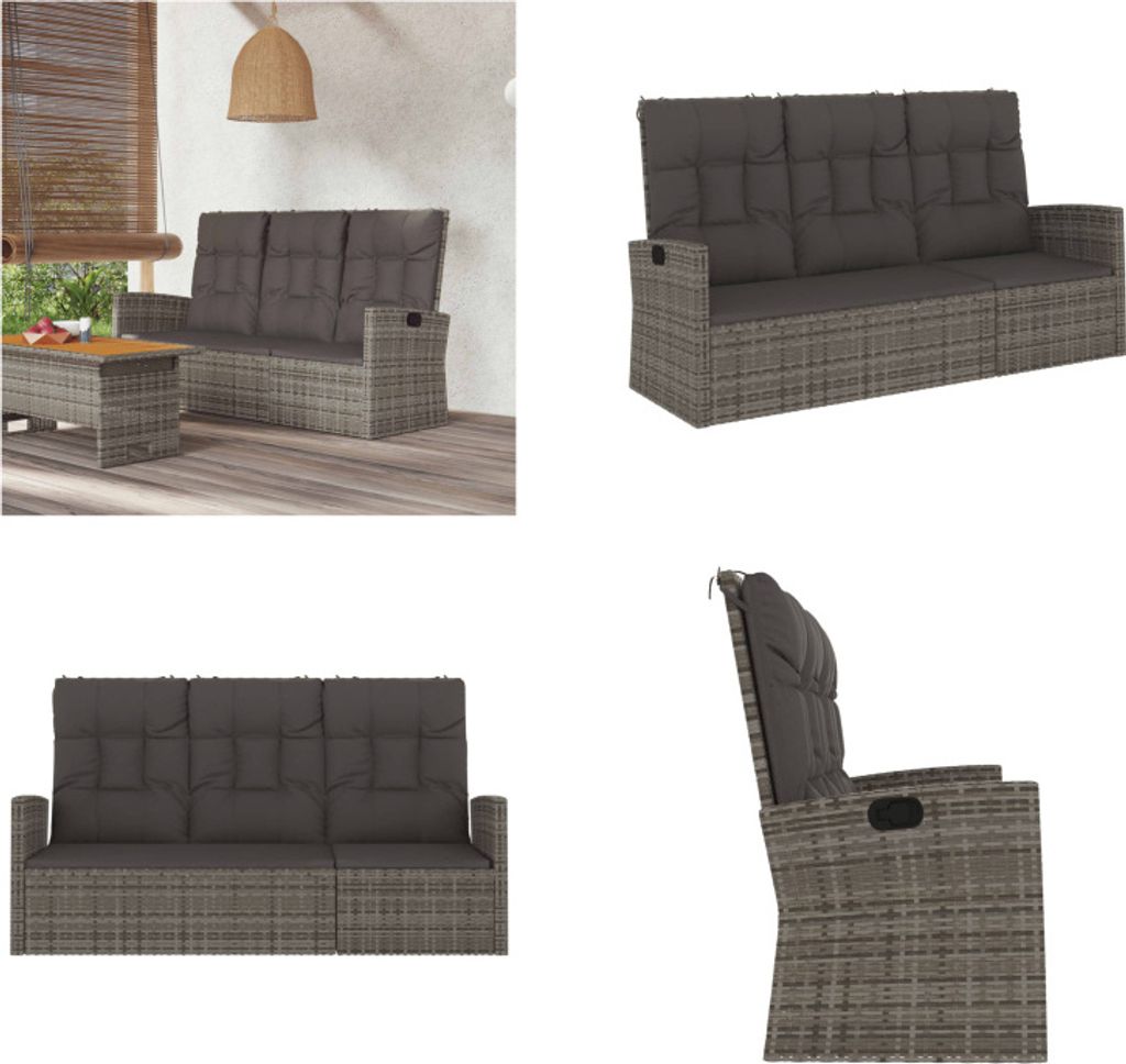vidaXL Gartenbank mit Liegefunktion & Kissen Grau 173 cm Poly Rattan - Gartenbank - Gartenbänke - Bank - Outdoor Bank