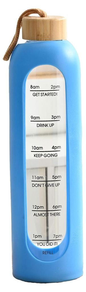 Glas-Trinkflasche mit 1 Liter Fassungsvermögen, Zeitmarkierung, Silikonhülle, auslaufsicherem Trinkverschluss und breiter Öffnung