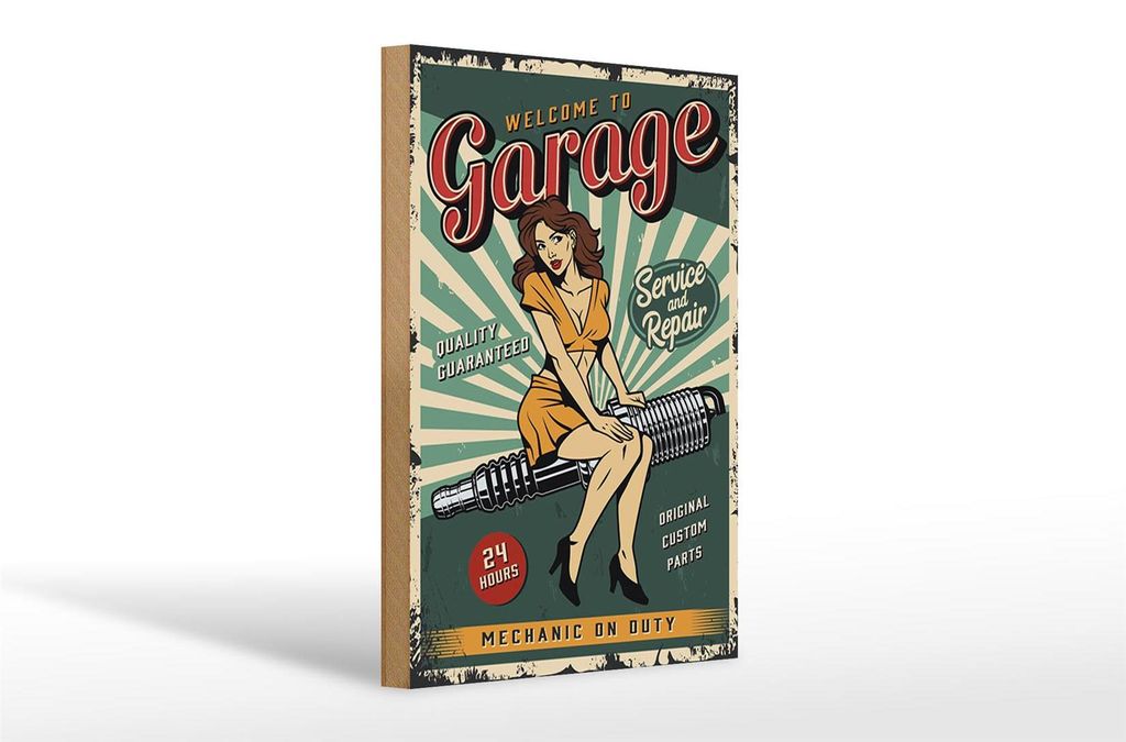 Holzschild Retro 20x30cm Pinup welcome Garage 24 service Produktbild 