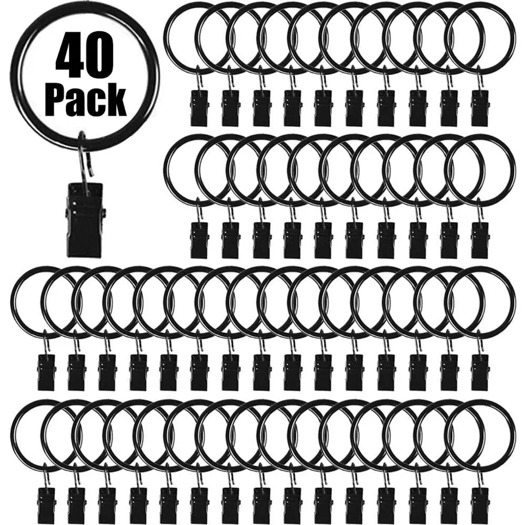 Lot de 40 anneaux de rideaux à pince métalliques pour tringle 25mm