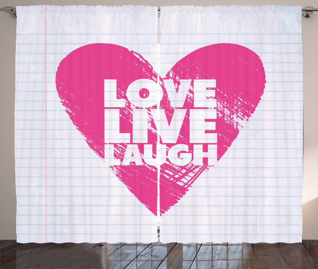 ABAKUHAUS Lebe lache Liebe Rustikaler Vorhang, Notebook Wörter, Wohnzimmer Universalband Gardinen mit Schlaufen und Haken, 280 x 175 cm, Pink Weiß