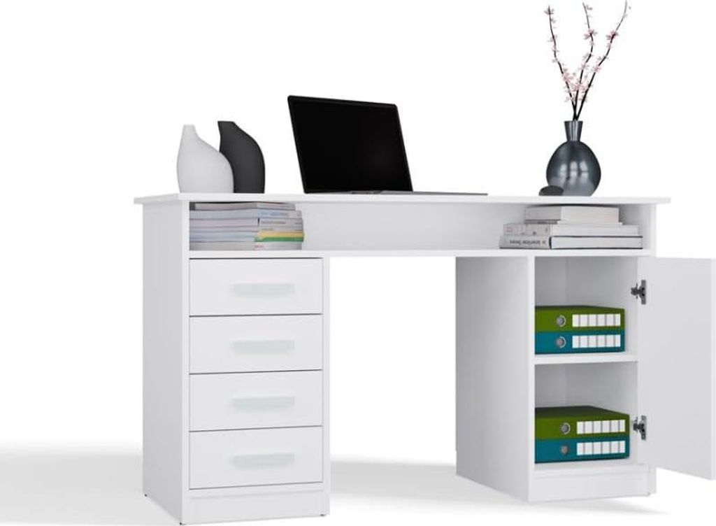 BDW, ADA Schreibtisch mit 4 Schubladen, 125×75×55 cm, 1 Schrank, Weiß