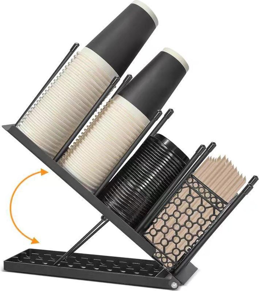 Kaffeetassenhalter, Deckel-Organizer mit Strohhalmhalter, Kaffeetassenspender mit 4 Fächern, verstellbarer Kaffeebar-Organizer