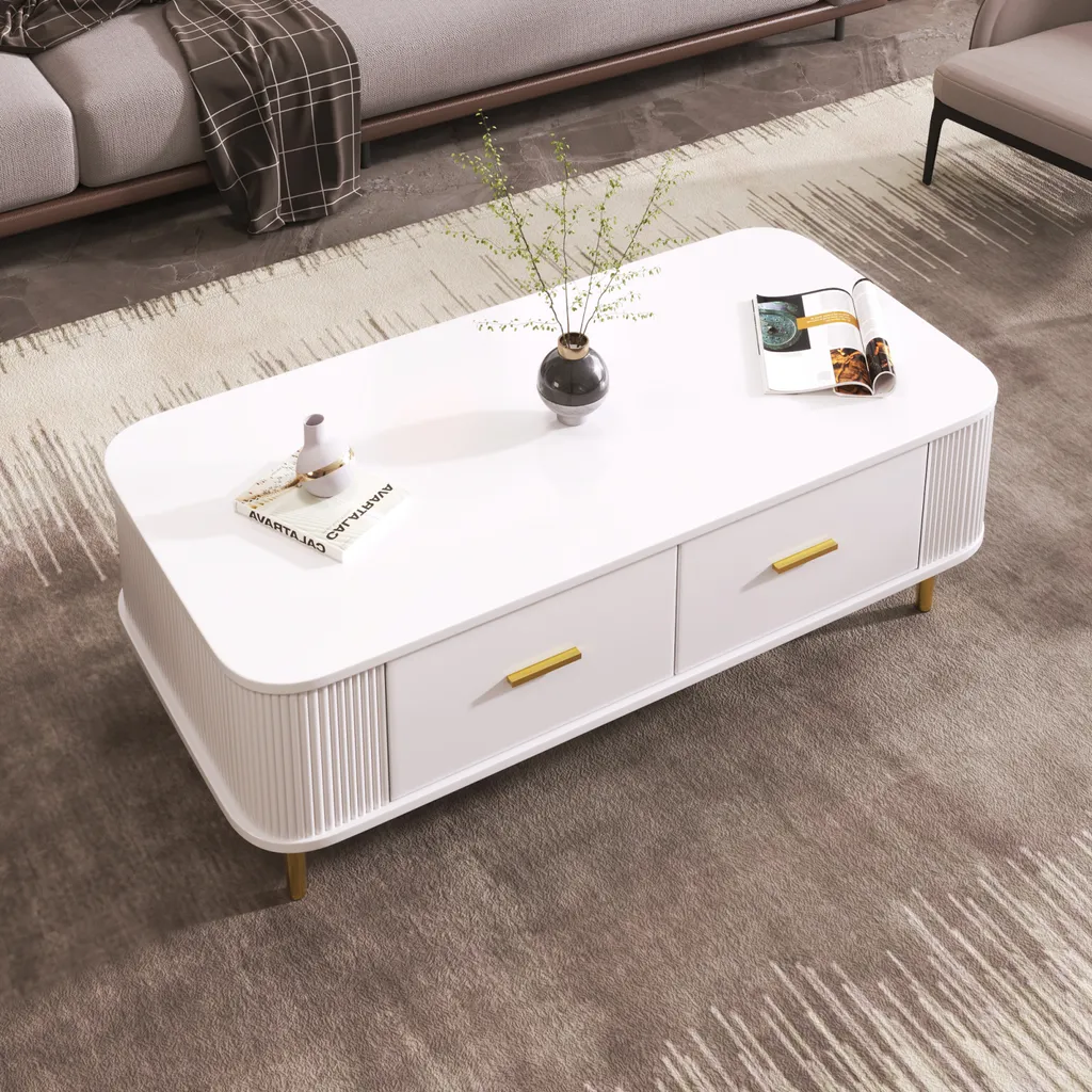 Table basse blanche avec 4 tiroirs pour ranger votre salon, 108cm