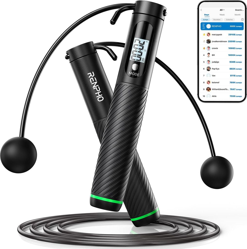 RENPHO Springseil mit Zähler, intelligentes gewichtetes Springseil für Training Fitnessübungen, verstellbares Sprungseil für Anfänger und Prof...