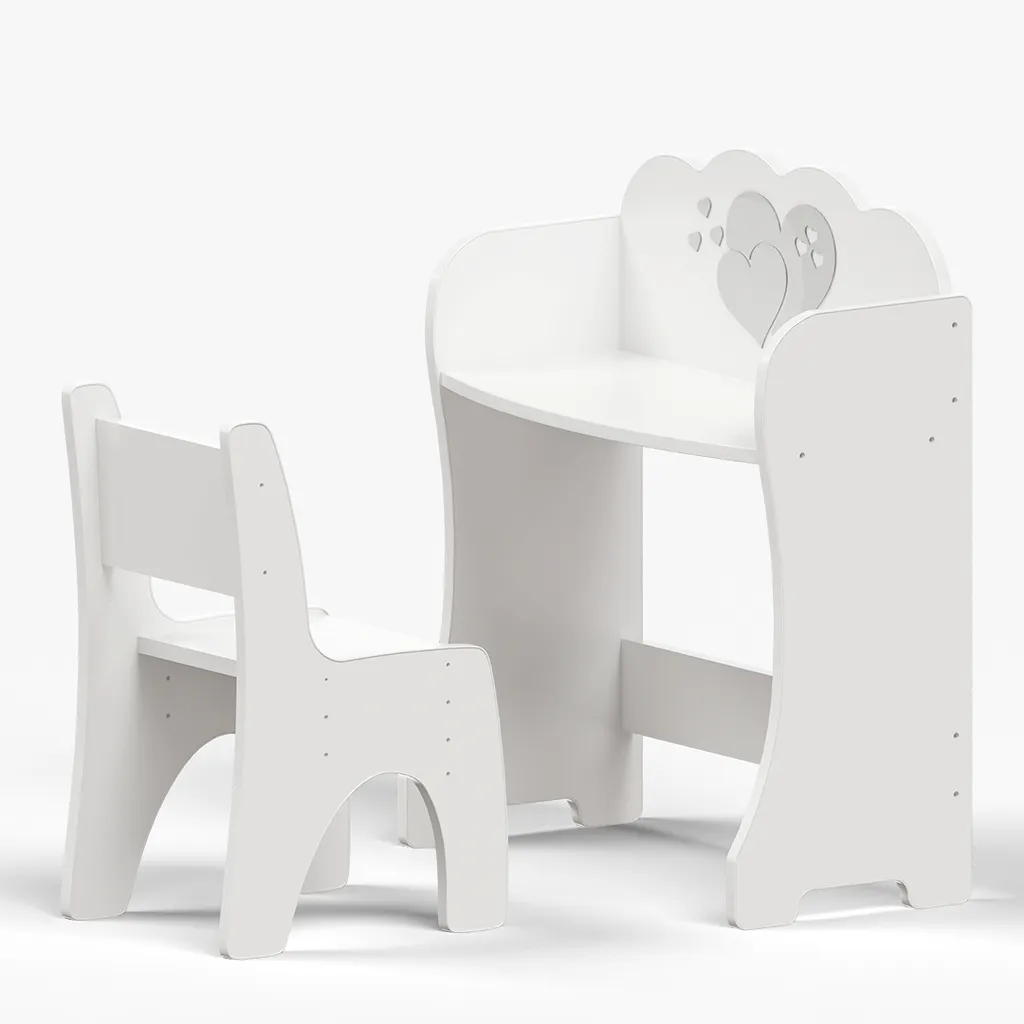 Table de maquillage enfant avec chaise grise réglable - Modèle Cœur