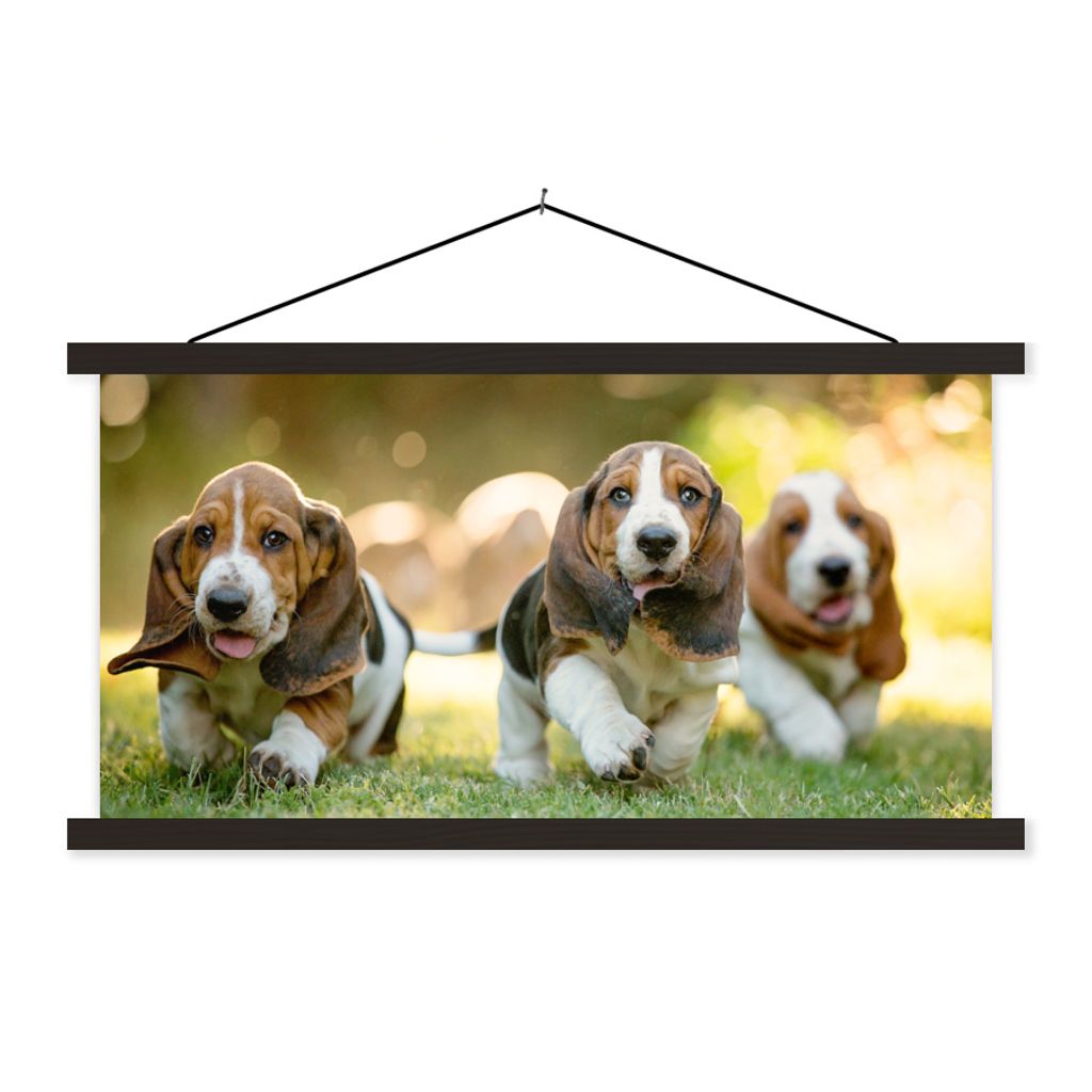 MuchoWow Textilposter Welpen rennen durch das Gras 120x60 cm mit schwarzem Rahmen - Dekoration Schlafzimmer