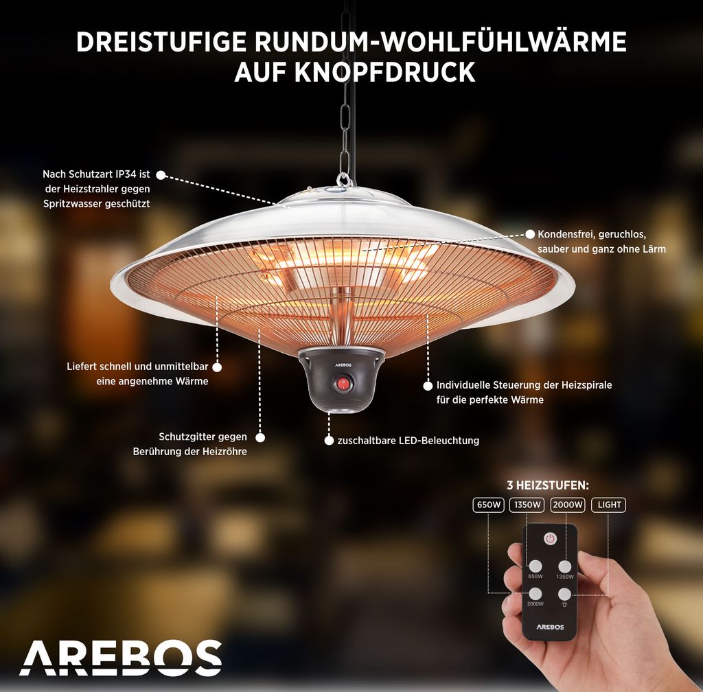 AREBOS promiennik sufitowy 2000 W + pilot, 3 poziomy Zdjęcie produktu 2