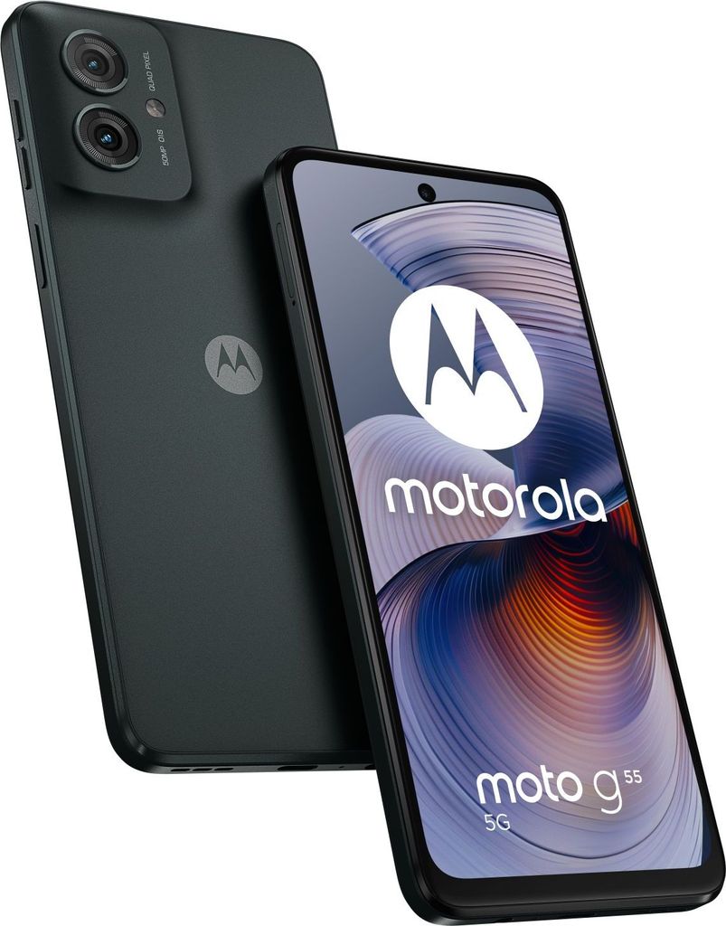 A dark gray Motorola moto g55 5G smartphone is shown from a diagonal angle, with the back of one phone and the front of another visible.
