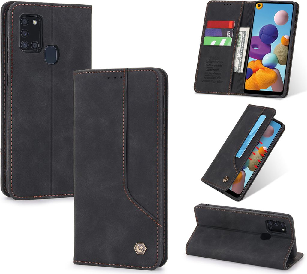 A collage of images showing a black flip phone case from different angles, including its card slots and stand function.