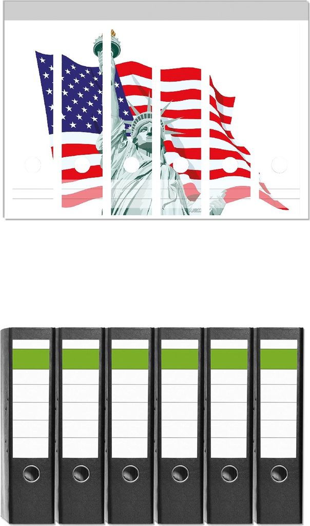 Wallario 6 Stück breite Ordner inkl. Klebeetiketten mit Motive Freiheitsstatue USA - Set mit Rückenschildern / Ordnerrücken Stickern