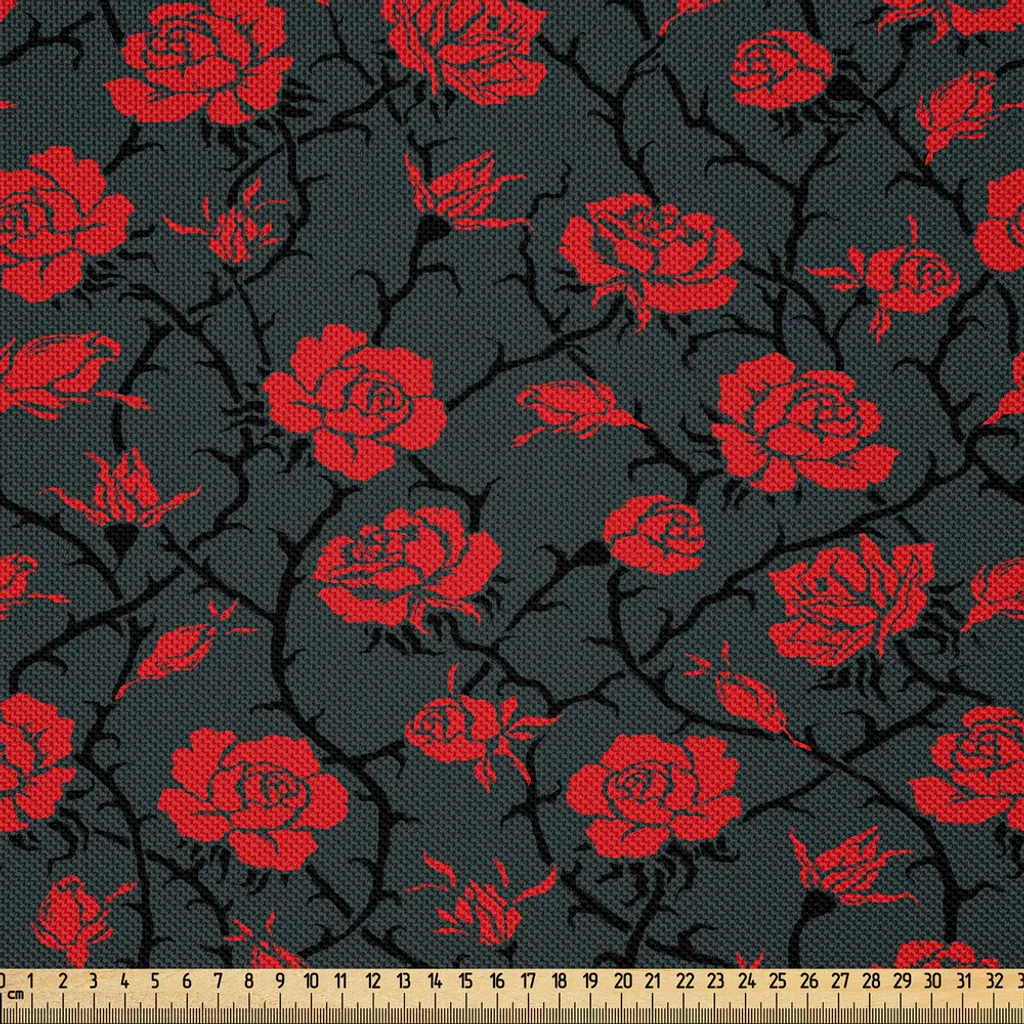 Tessuto Raso Foresta Incantata ABAKUHAUS - Rose Rubino 10 Metri