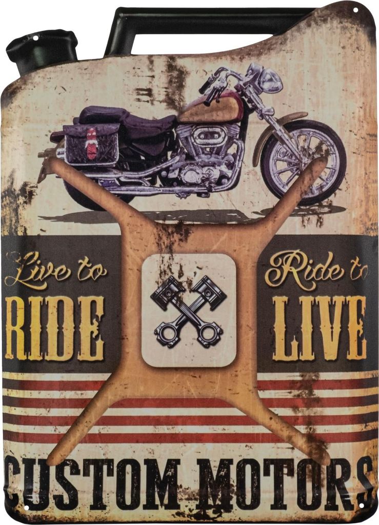Moritz Blechschild 35 x 49 cm Motorrad Benzin Öl Kanister Live to Ride Deko Metallschild Retro Vintage Retro Sprüche lustig