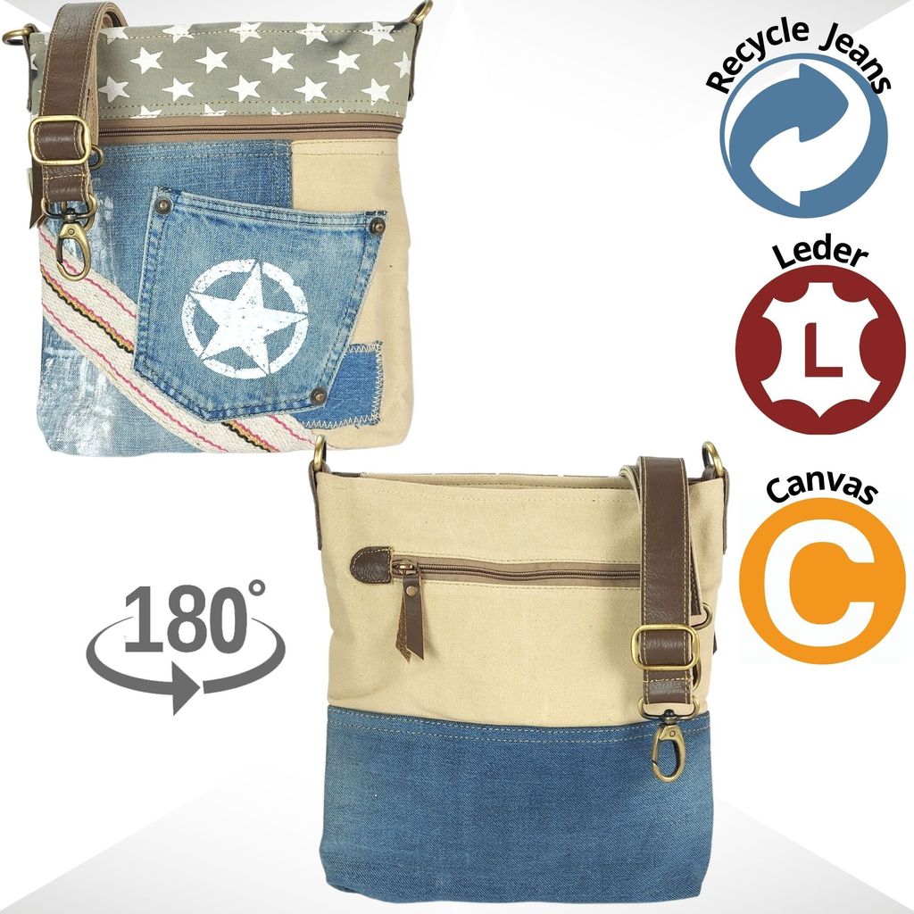 Sunsa Damen Umhängetasche Aus Canvas & Recycelter Jeans – Nachhaltig, Vintage, 31x31x9 Cm