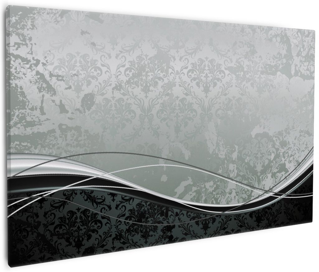 Wallario Premium Leinwandbild Grau-schwarze Schnörkelei mit Wellen in Größe 60 x 90 cm