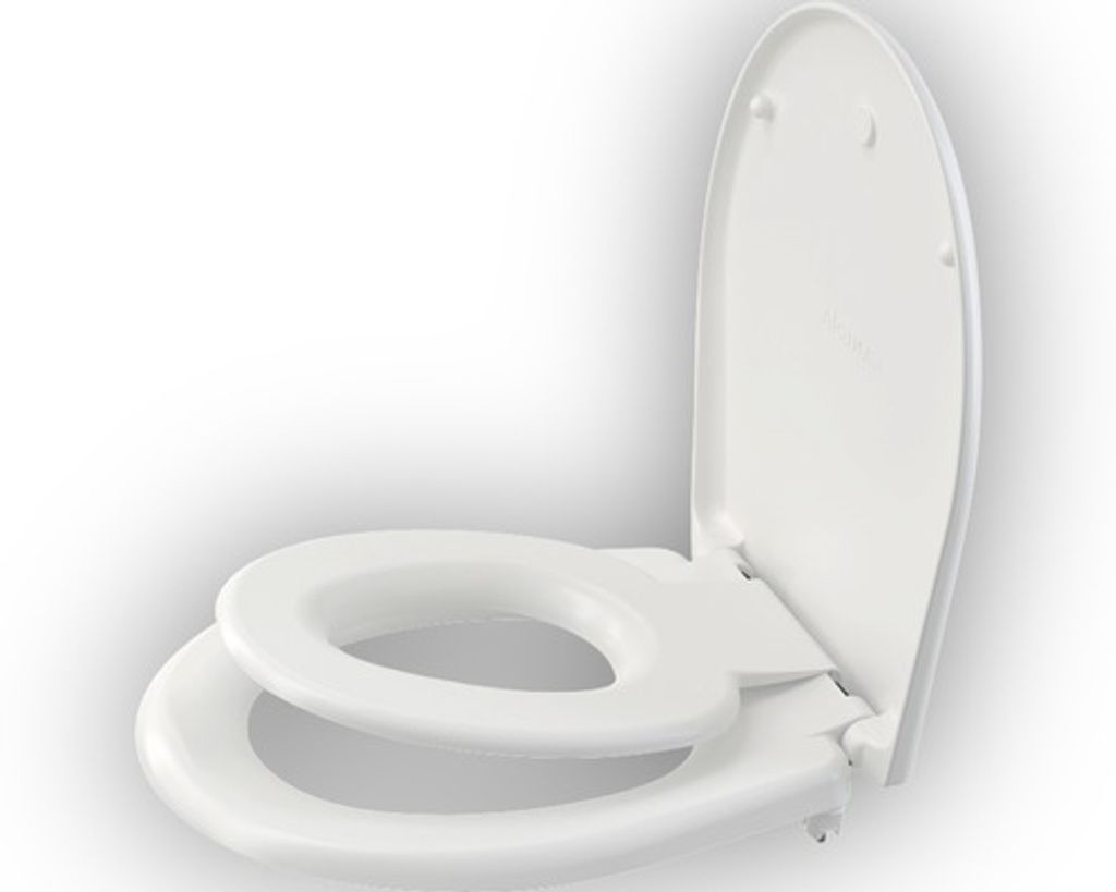 A white toilet seat with a built-in child seat, shown with the lid open.