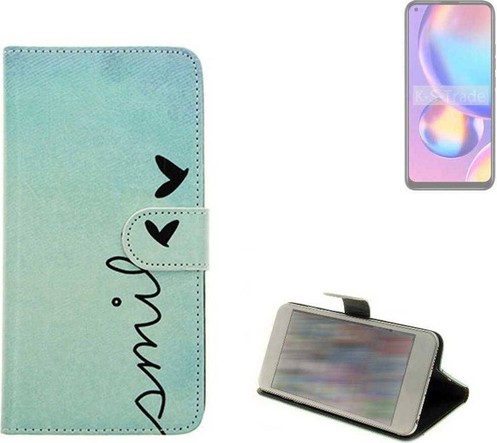 K-S-Trade Schutz Hülle Handy Hülle kompatibel mit BLU G51S Hülle Handyhülle cover bookstyle Etui Handyhülle “smile“ türkis Standfunktion