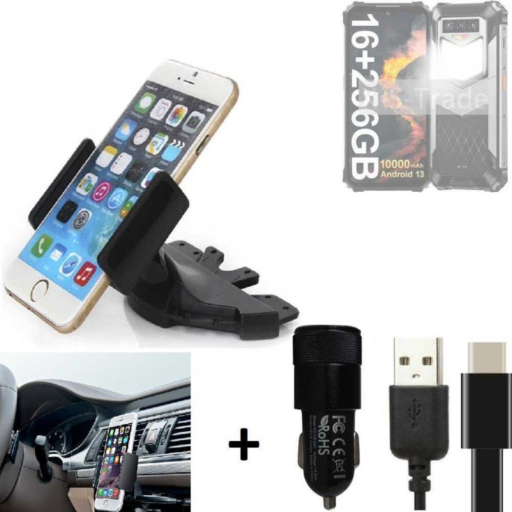 K-S-Trade CD Schlitz Handy-Halterung kompatibel mit Oukitel WP26 Autohalterung KFZ-Halter Radio Handy Halterung 360° drehbar CD-Schacht inkl. USB-C