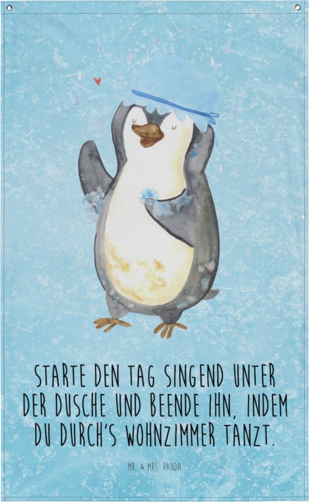 Mr. & Mrs. Panda Wandbild Pinguin Duschen - Eisblau - Geschenk, Wandteppich, Singen, Tapisserie, Gobelin, Tanzen, Duschkonzert, Wandtuch, Boho, Bad...