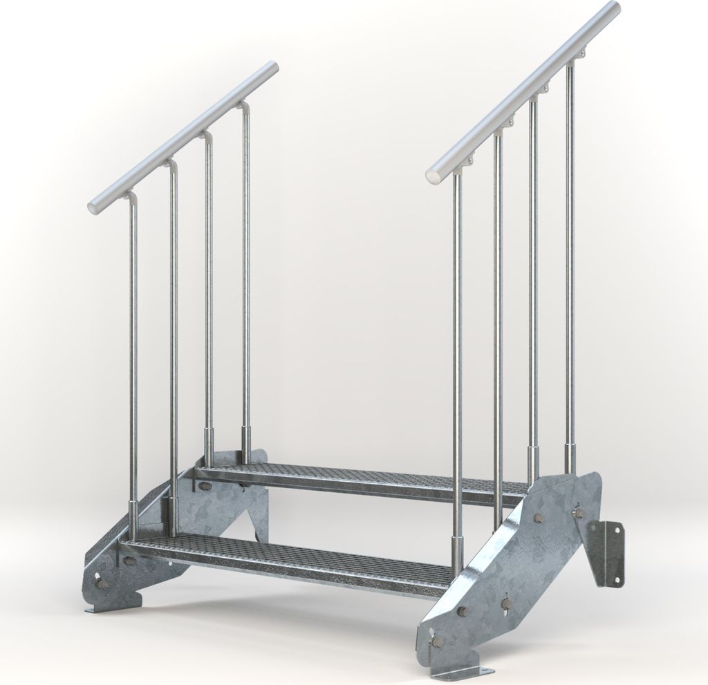 Stahltreppe 2 Stufen bis Höhe 44 cm, Laufbreite : 120 cm beidseitiges Geländer ST 3 (31 / 9 mm schmal)